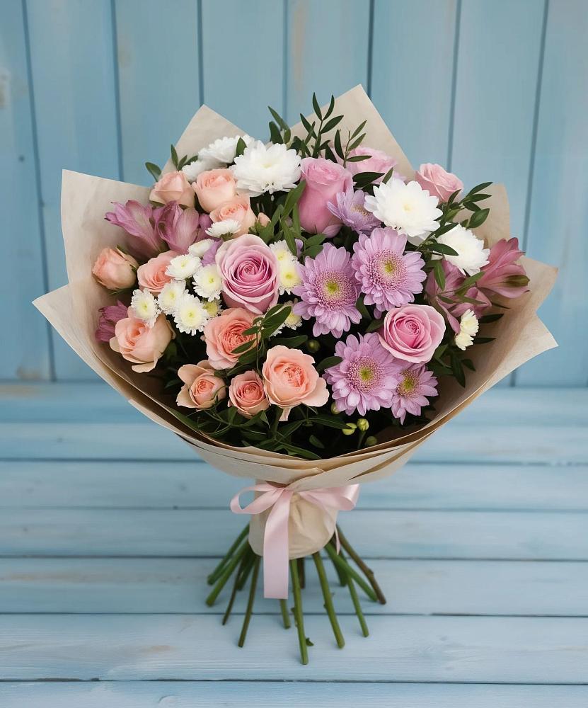 Букет цветов из: Хризантемы, Розы и Альстромерии в Валдае