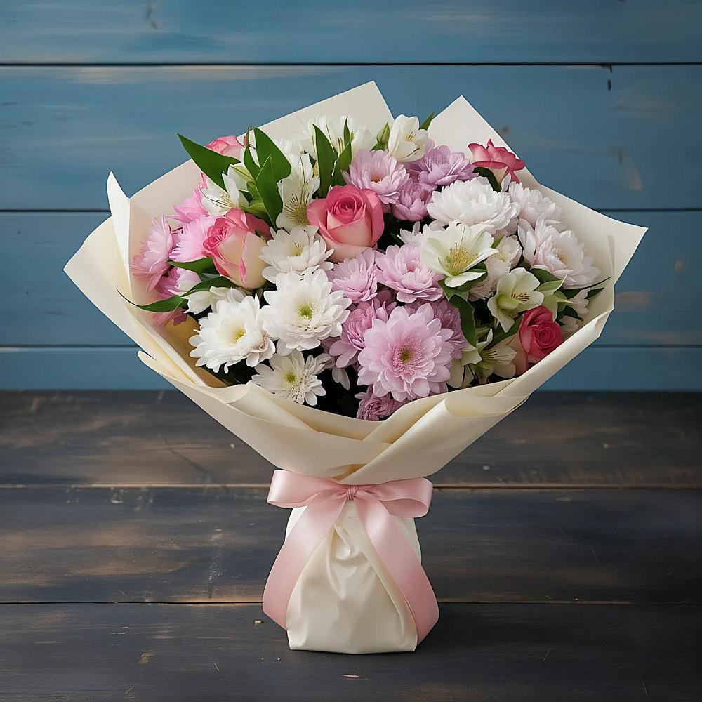 Букет цветов из: Хризантемы, Альстромерии и Розы в Валдае